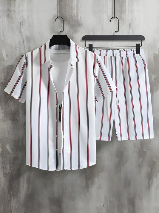 Maroon Striped Printed White Men's Shirt And Shorts Set Short Sleeve