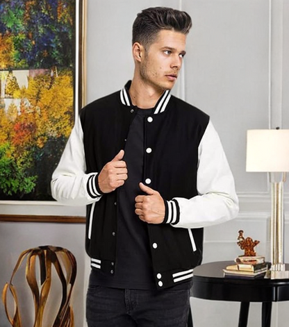 DROBE Cotton Blend Standard Length Lightweight Stylish Black Varsity Jacket For men