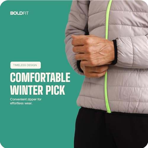 Boldfit Winter Polyester Jacket for Men Quilted Hooded Winter Jackets Full Sleeve Jacket Monsoon All Weather Jacket Wear Bomber Jacket Black Charcoal Medium