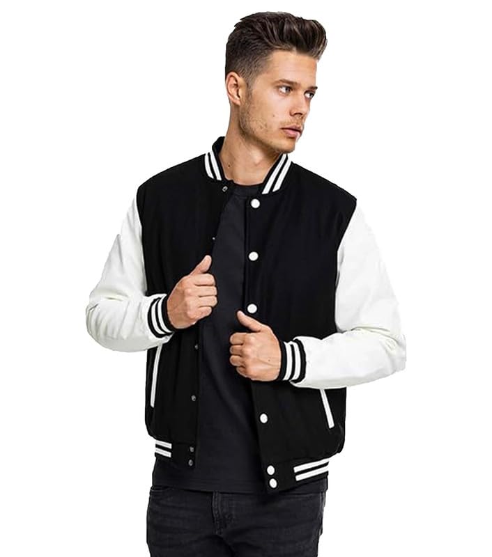 DROBE Cotton Blend Standard Length Lightweight Stylish Black Varsity Jacket For men