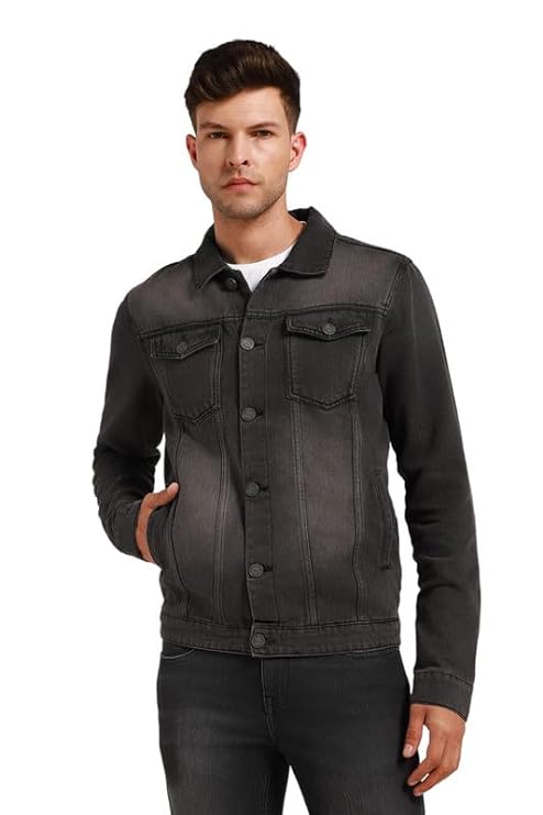 Dennis Lingo Men's Regular Fit Long Sleeve Button Down Panel Denim Jacket, Lightweight Trucker Jacket (Black, L)