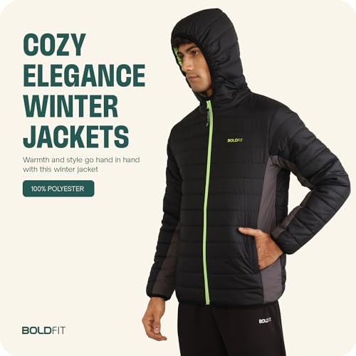 Boldfit Winter Polyester Jacket for Men Quilted Hooded Winter Jackets Full Sleeve Jacket Monsoon All Weather Jacket Wear Bomber Jacket Black Charcoal Medium