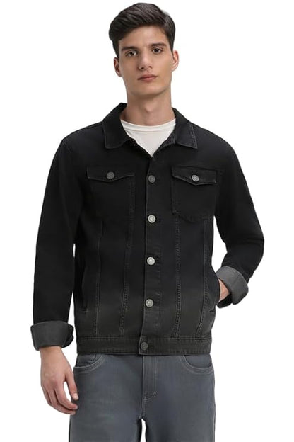 Dennis Lingo Men's Regular Fit Long Sleeve Button Down Panel Denim Jacket, Lightweight Trucker Jacket (Black, L)