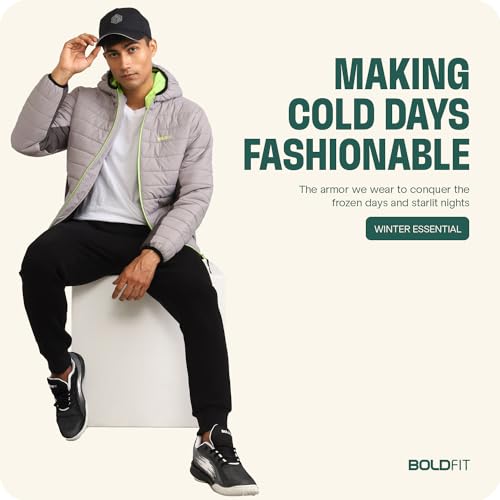 Boldfit Winter Polyester Jacket for Men Quilted Hooded Winter Jackets Full Sleeve Jacket Monsoon All Weather Jacket Wear Bomber Jacket Black Charcoal Medium