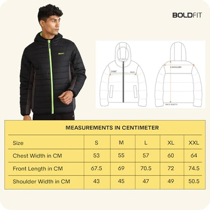 Boldfit Winter Polyester Jacket for Men Quilted Hooded Winter Jackets Full Sleeve Jacket Monsoon All Weather Jacket Wear Bomber Jacket Black Charcoal Medium