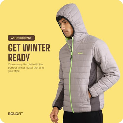 Boldfit Winter Polyester Jacket for Men Quilted Hooded Winter Jackets Full Sleeve Jacket Monsoon All Weather Jacket Wear Bomber Jacket Black Charcoal Medium