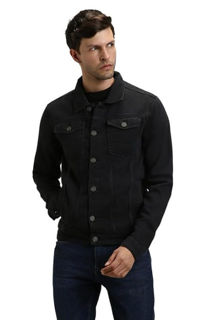 Dennis Lingo Men's Regular Fit Long Sleeve Button Down Panel Denim Jacket, Lightweight Trucker Jacket (Black, L)