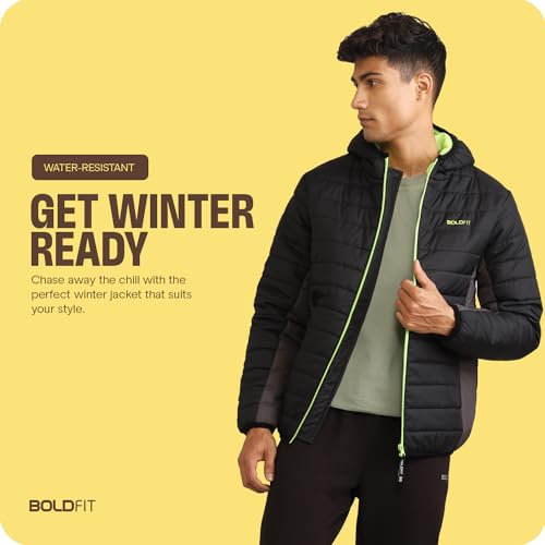 Boldfit Winter Polyester Jacket for Men Quilted Hooded Winter Jackets Full Sleeve Jacket Monsoon All Weather Jacket Wear Bomber Jacket Black Charcoal Medium