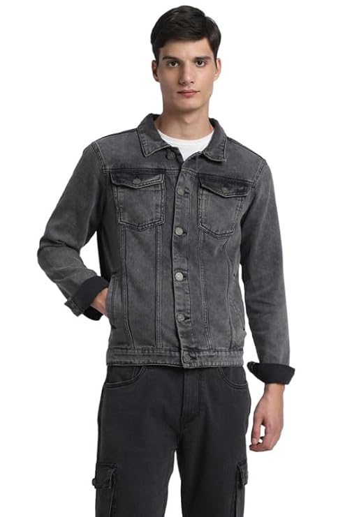 Dennis Lingo Men's Regular Fit Long Sleeve Button Down Panel Denim Jacket, Lightweight Trucker Jacket (Black, L)