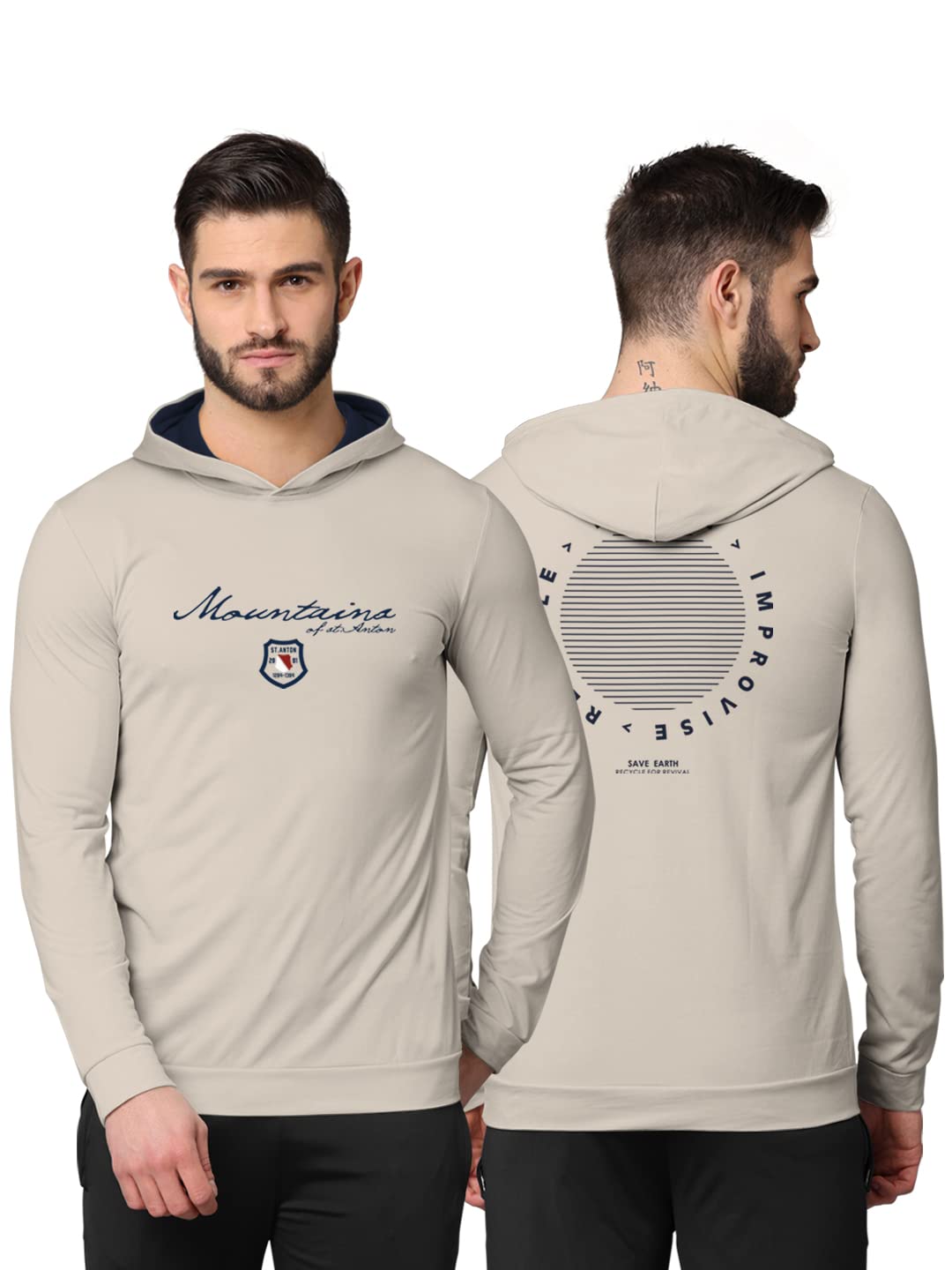 BULLMER Trendy Front & Back Printed Fullsleeve Hooded Sweatshirt for Men