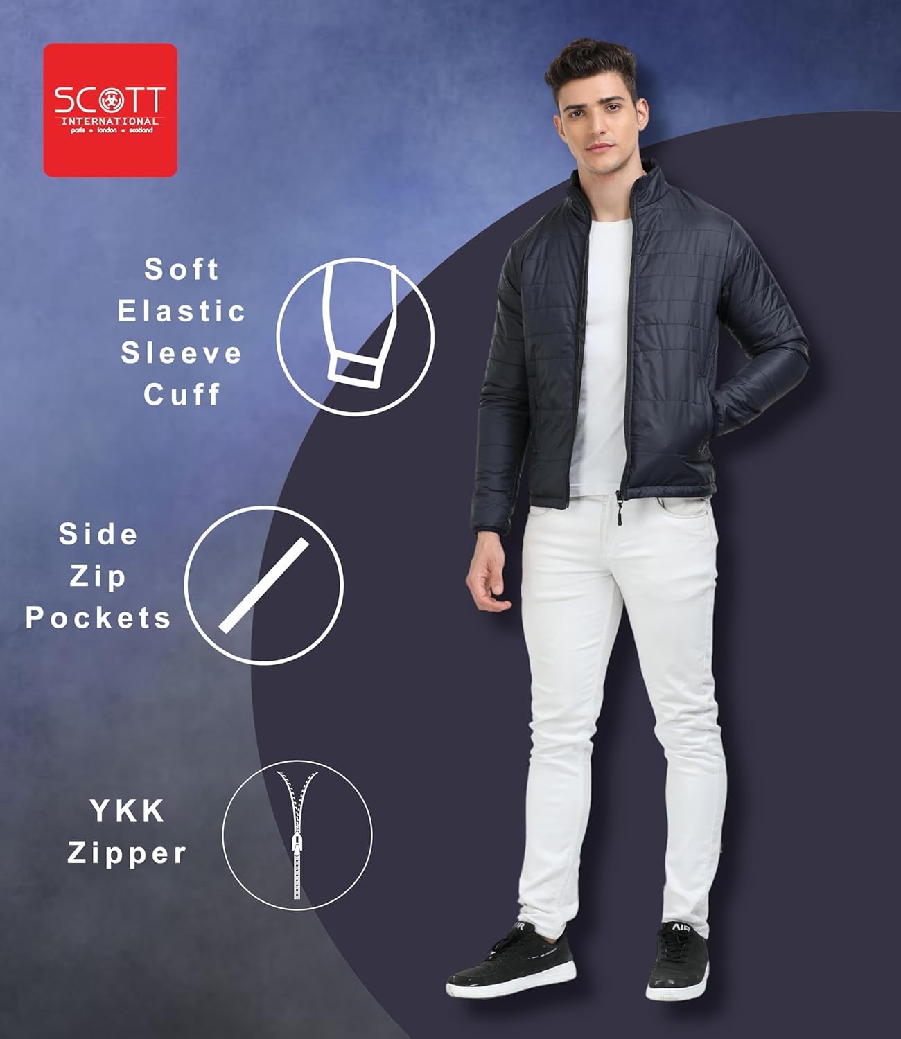 Scott International Winter Jacket for Men Bomber Jacket Mens Nylon Quilted standard length Puffer Jacket Full Sleeve Mens Jacket Monsoon Jackets for Men