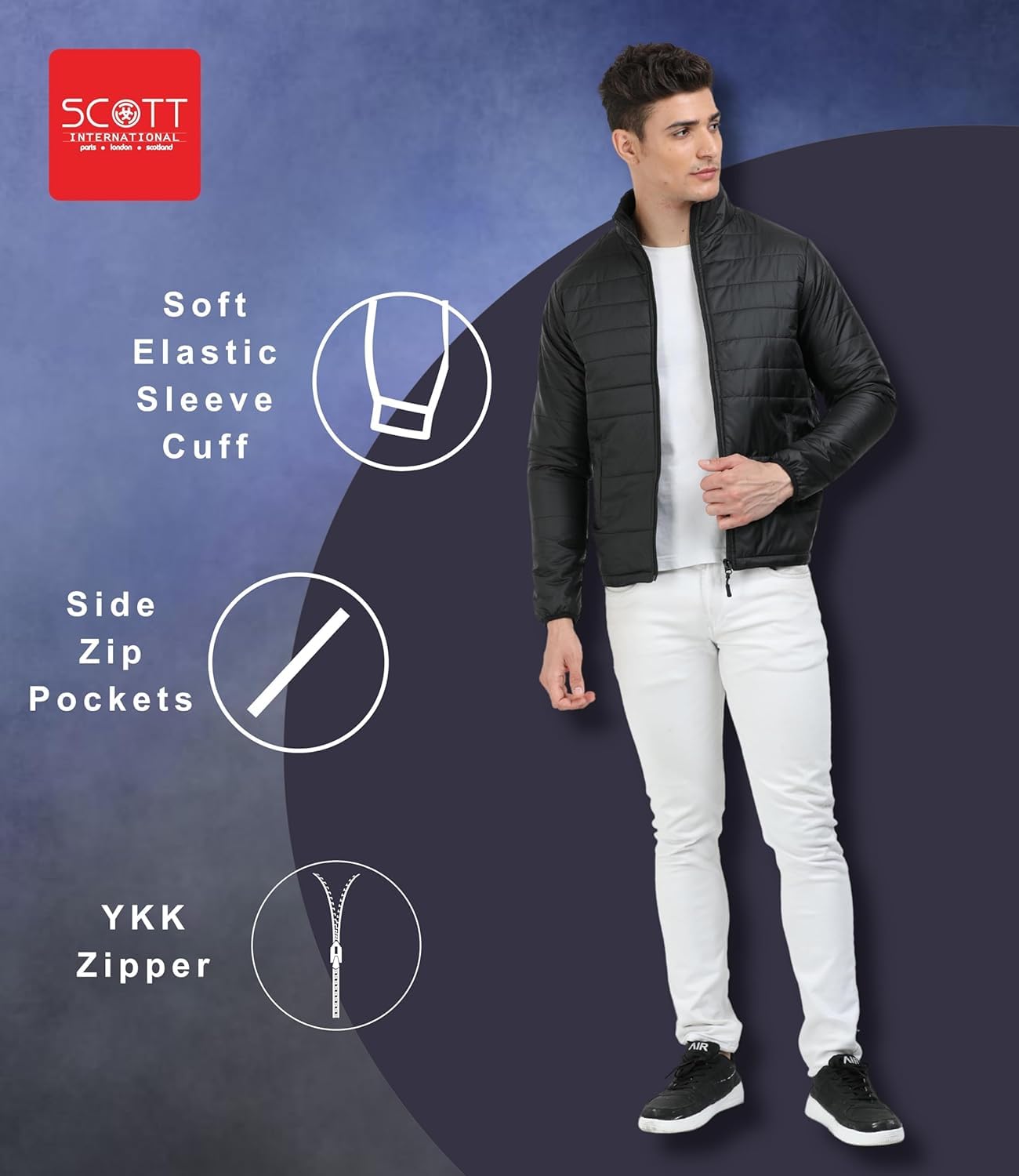 Scott International Winter Jacket for Men Bomber Jacket Mens Nylon Quilted standard length Puffer Jacket Full Sleeve Mens Jacket Monsoon Jackets for Men