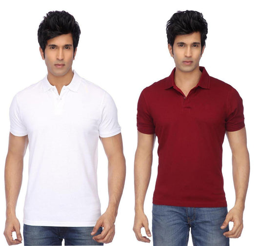 Cotton Blend Solid Half Sleeves Mens Polo Neck T-Shirt (Pack of 2)