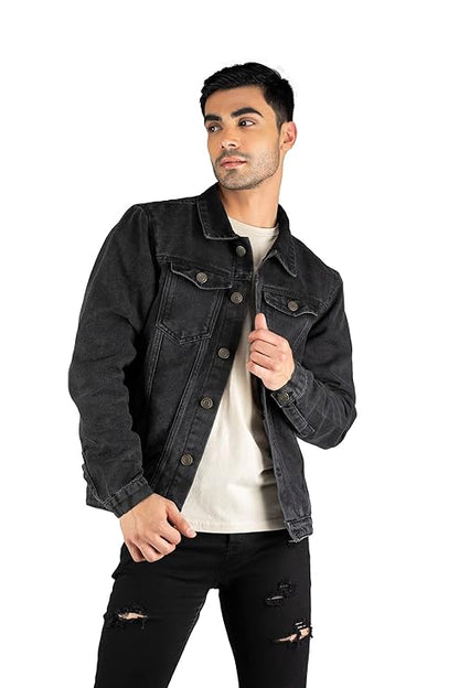 Dennis Lingo Men's Regular Fit Long Sleeve Button Down Panel Denim Jacket, Lightweight Trucker Jacket (Black, L)