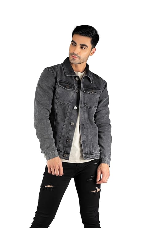 Dennis Lingo Men's Regular Fit Long Sleeve Button Down Panel Denim Jacket, Lightweight Trucker Jacket (Black, L)